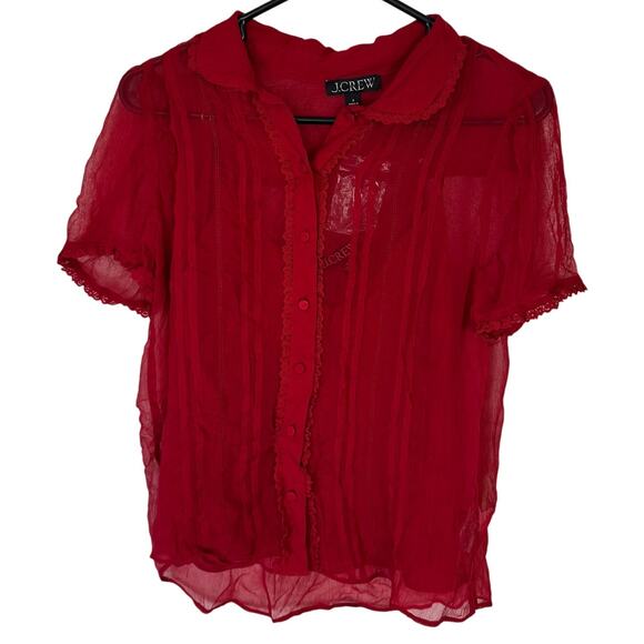 J.Crew Sheer Lace-trim Button-up Shirt 4 Red Cupro Crinkle Short Sleeve Pintuck - Picture 3 of 7